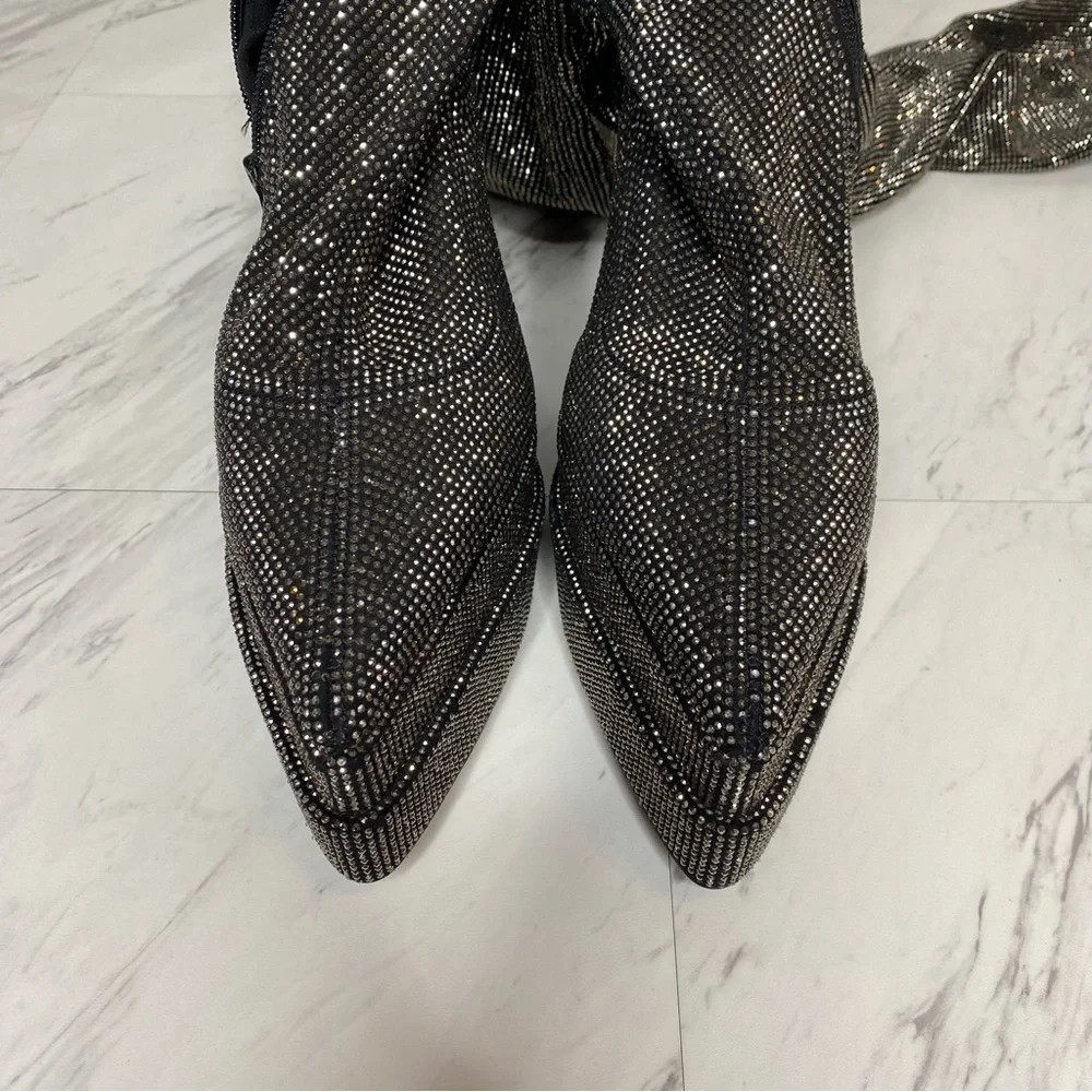 Steve Madden Sultry Rhinestone Thigh High Pointy Toe Platform Heeled Boot 8 1/2